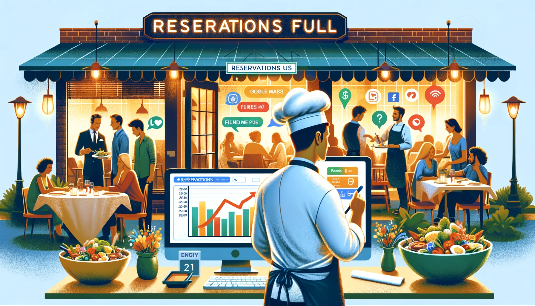 Scène animée d'un restaurant avec un chef examinant un écran d'ordinateur affichant des graphiques de croissance et des icônes de réseaux sociaux, un panneau indiquant que les réservations sont complètes à la réception, et des clients diversifiés qui dînent joyeusement. Légende :