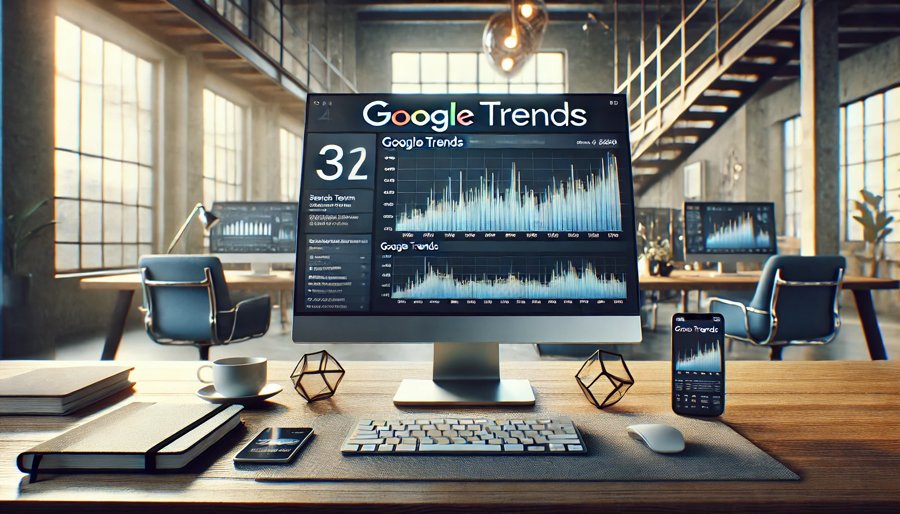 Elle illustre un environnement professionnel avec des données de Google Trends à l'écran, parfait pour visualiser l'importance de cet outil dans une stratégie SEO.