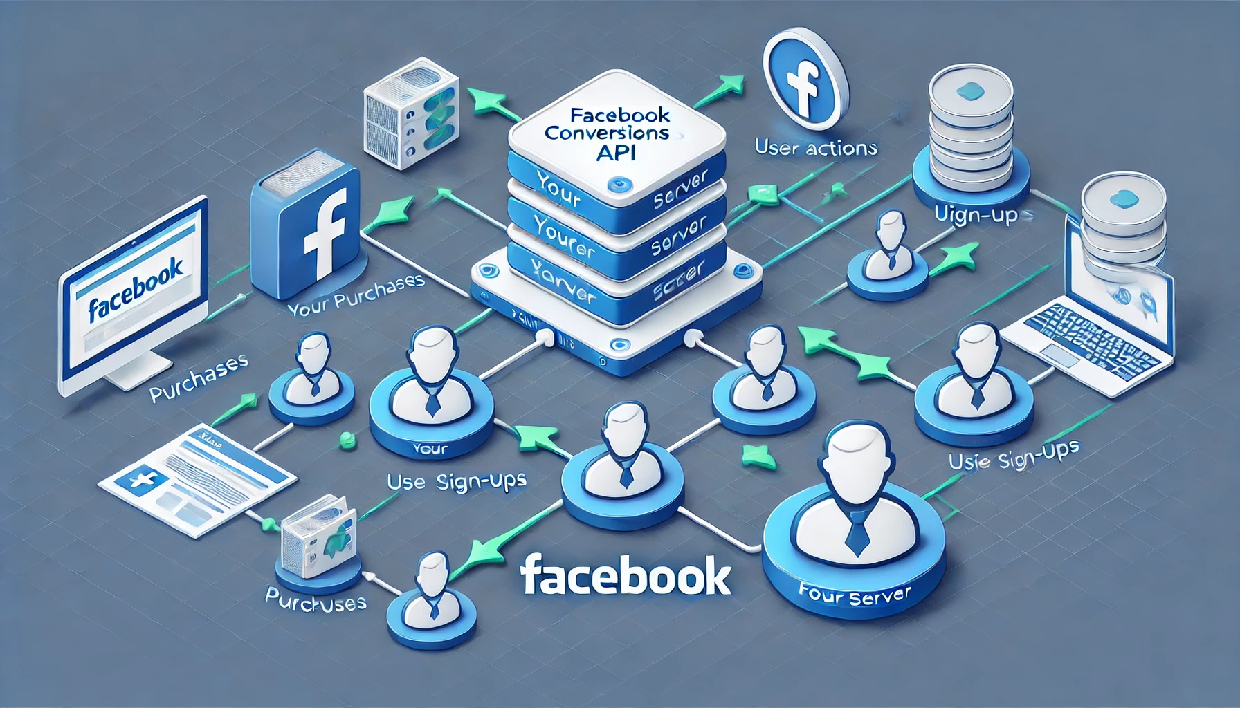 Diagramme illustrant le flux de données avec le Conversions API, où les actions des utilisateurs (achats, inscriptions, etc.) sont capturées par le serveur et envoyées directement à Facebook, contournant le navigateur.