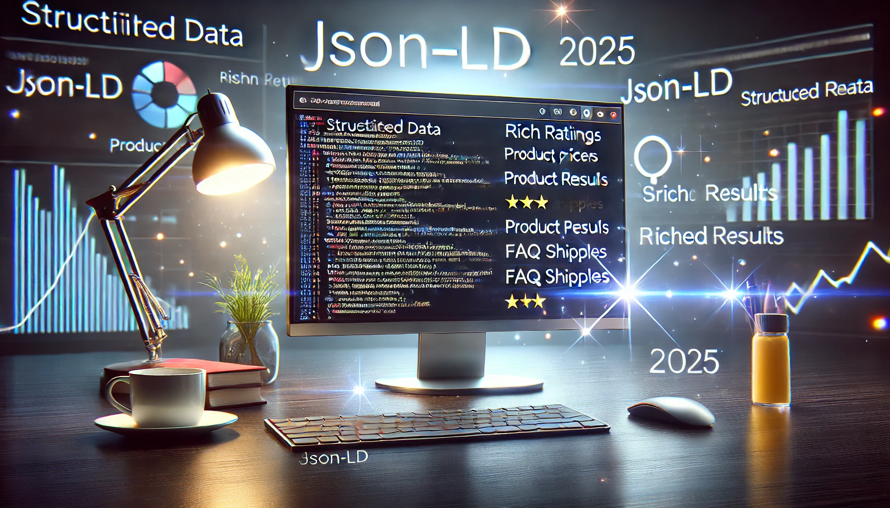 écran affichant du code JSON-LD, des résultats enrichis dans les moteurs de recherche, représentant l'impact des données structurées sur le SEO en 2025