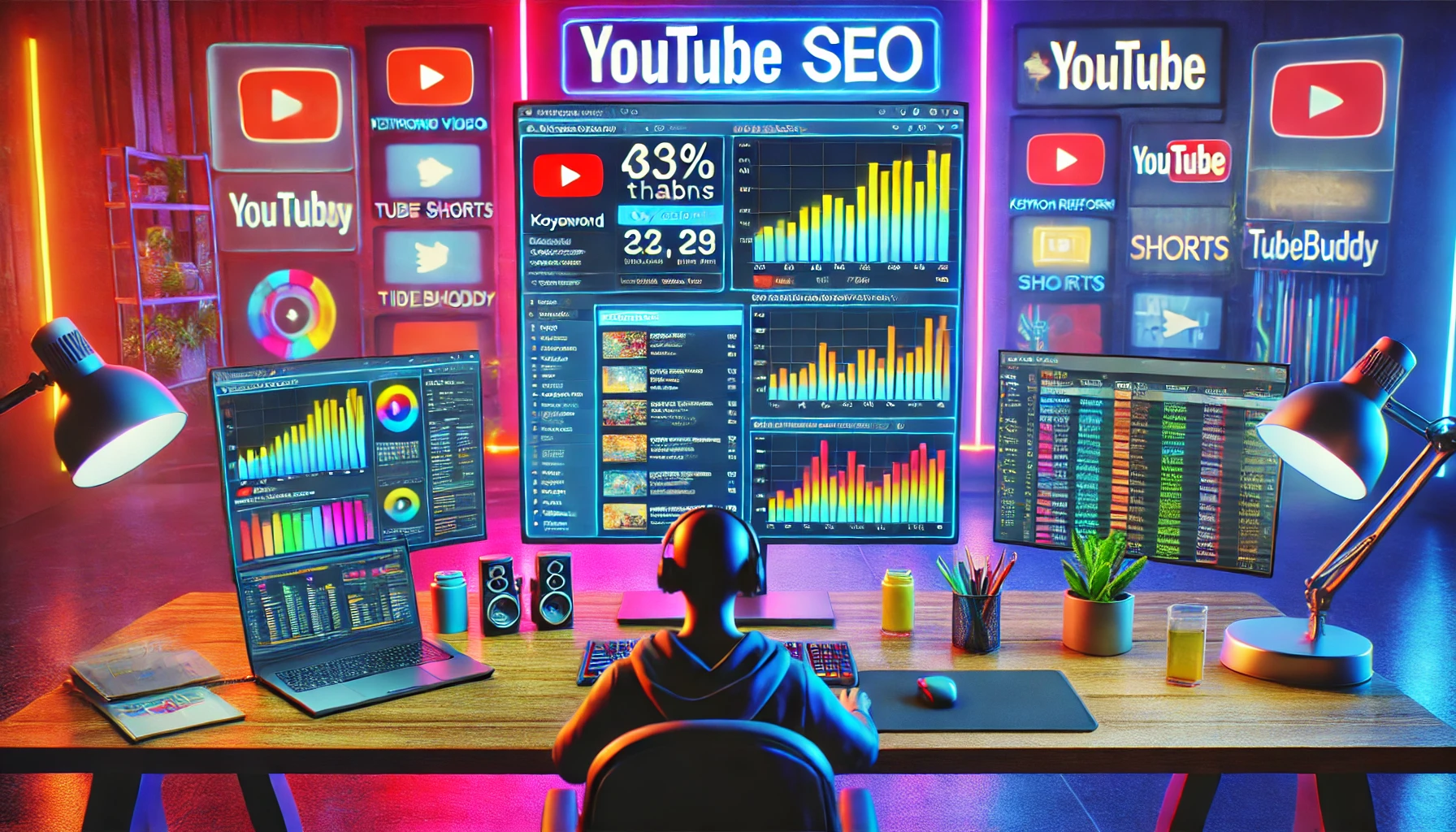 Optimisation SEO YouTube dans un environnement de travail dynamique et coloré, avec des outils comme TubeBuddy et VidIQ affichés sur plusieurs écrans